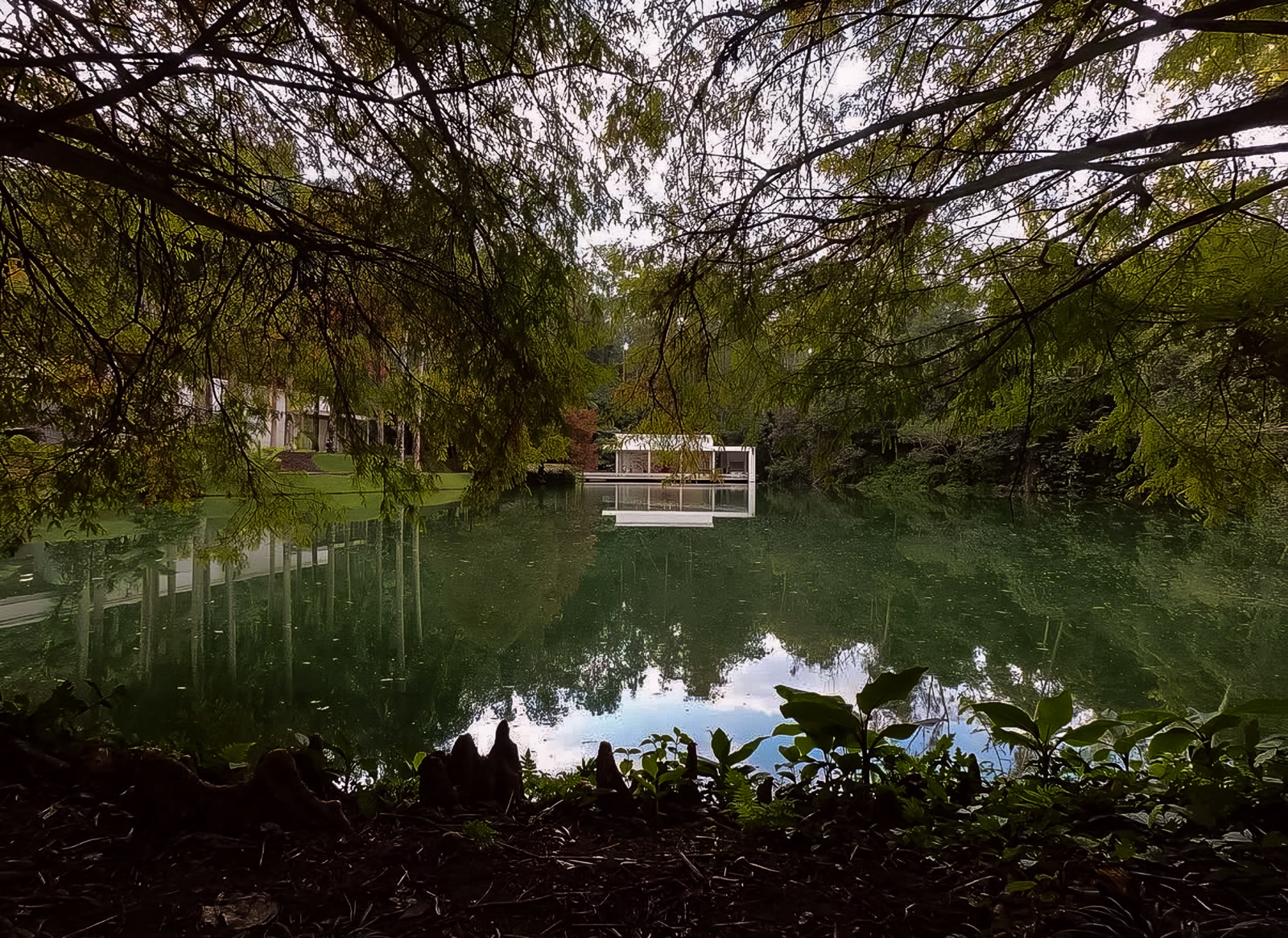Pavilhão refletido no lago entre as árvores em Inhotim