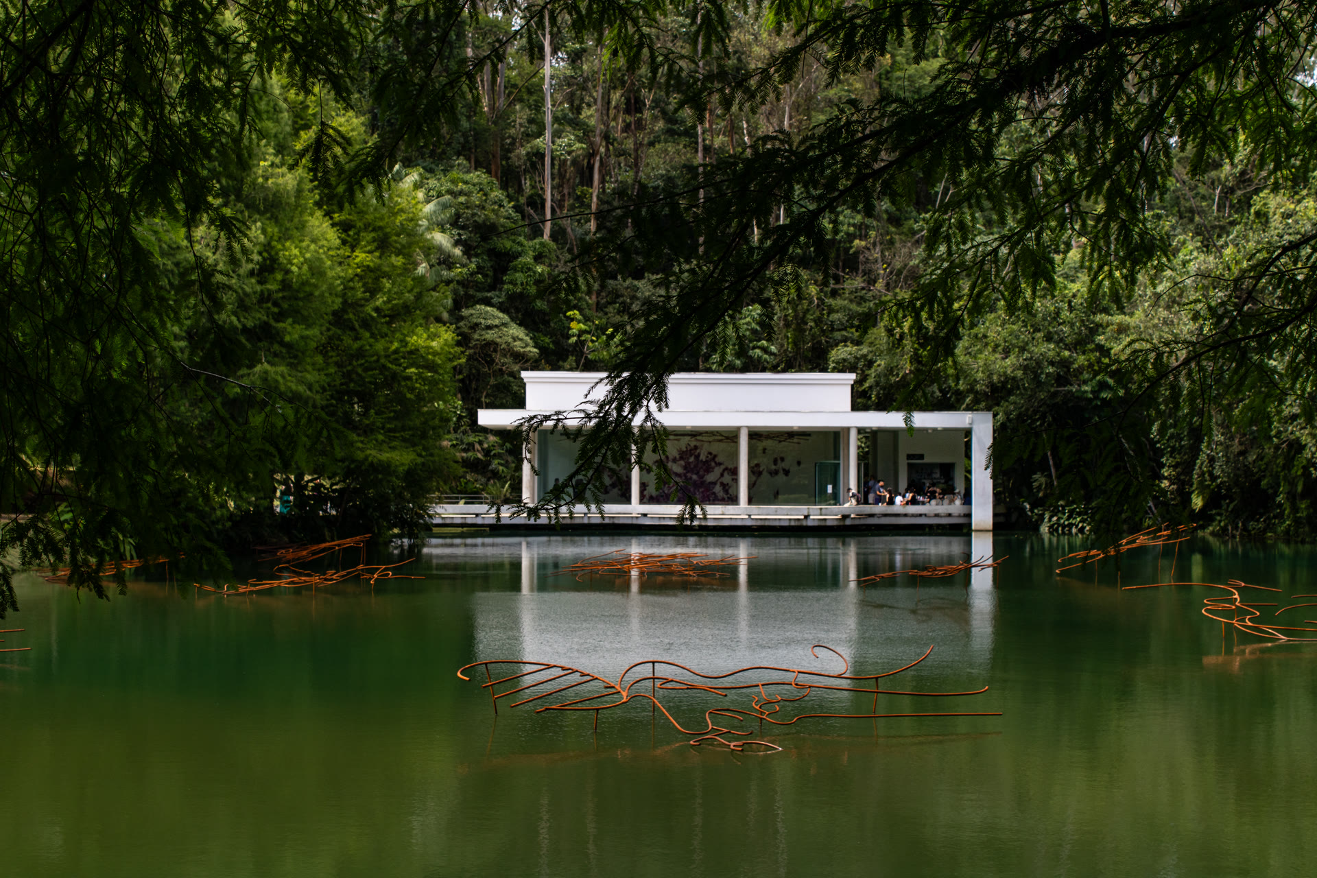 Galeria branca à beira do lago verde em Inhotim, emoldurada pela mata, com escultura laranja na água